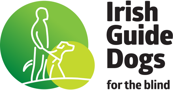 Irish Guide Dogs for the Blind Logo showing person walking with Guide Dog in green colour