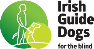 Irish Guide Dogs for the Blind Logo showing person walking with Guide Dog in green colour